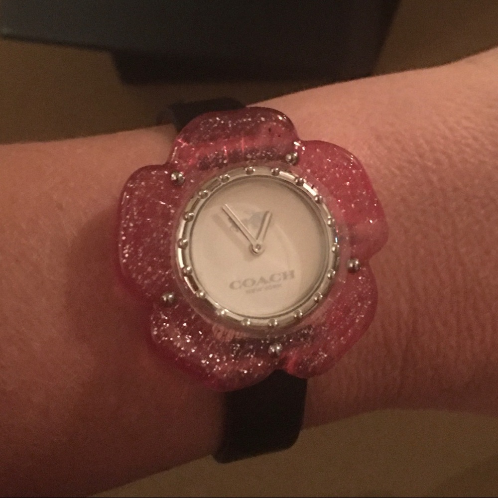 Coach Pink Flower Lucite Watch w/ Black Leather band